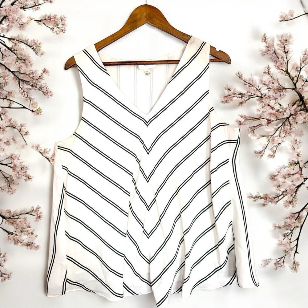 KENAR Women's XL White Black Striped V-Neck Loose Flowing Tank Lined Shirt Top